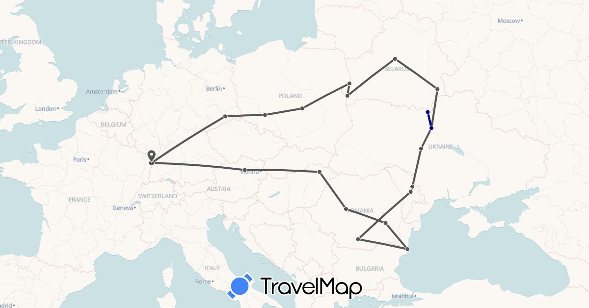 TravelMap itinerary: driving, motorbike in Austria, Belarus, Germany, France, Hungary, Moldova, Poland, Romania, Ukraine (Europe)